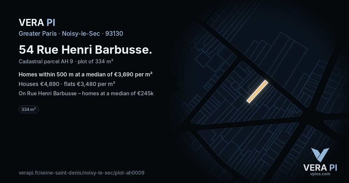 54 Rue Henri Barbusse, Noisy-le-Sec at night – the plot lit, the parcels around coloured by the prices near them