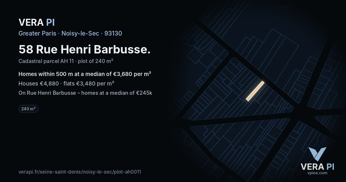 58 Rue Henri Barbusse, Noisy-le-Sec at night – the plot lit, the parcels around coloured by the prices near them
