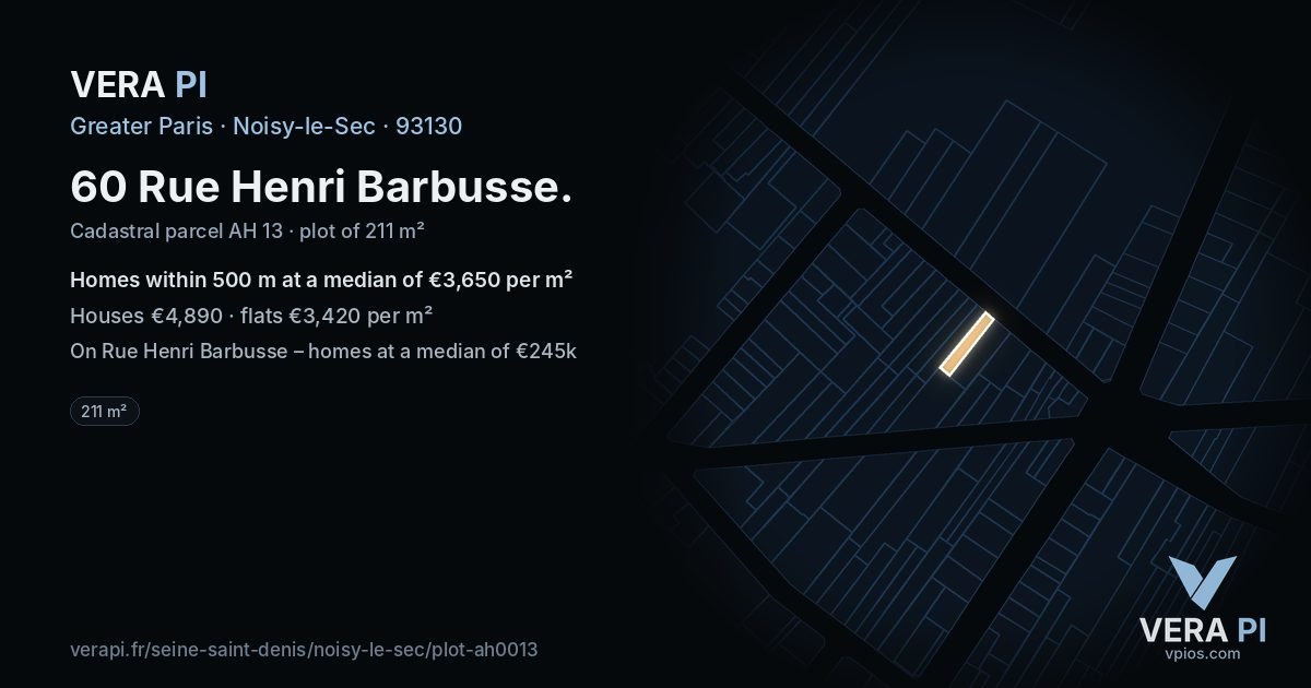 60 Rue Henri Barbusse, Noisy-le-Sec at night – the plot lit, the parcels around coloured by the prices near them