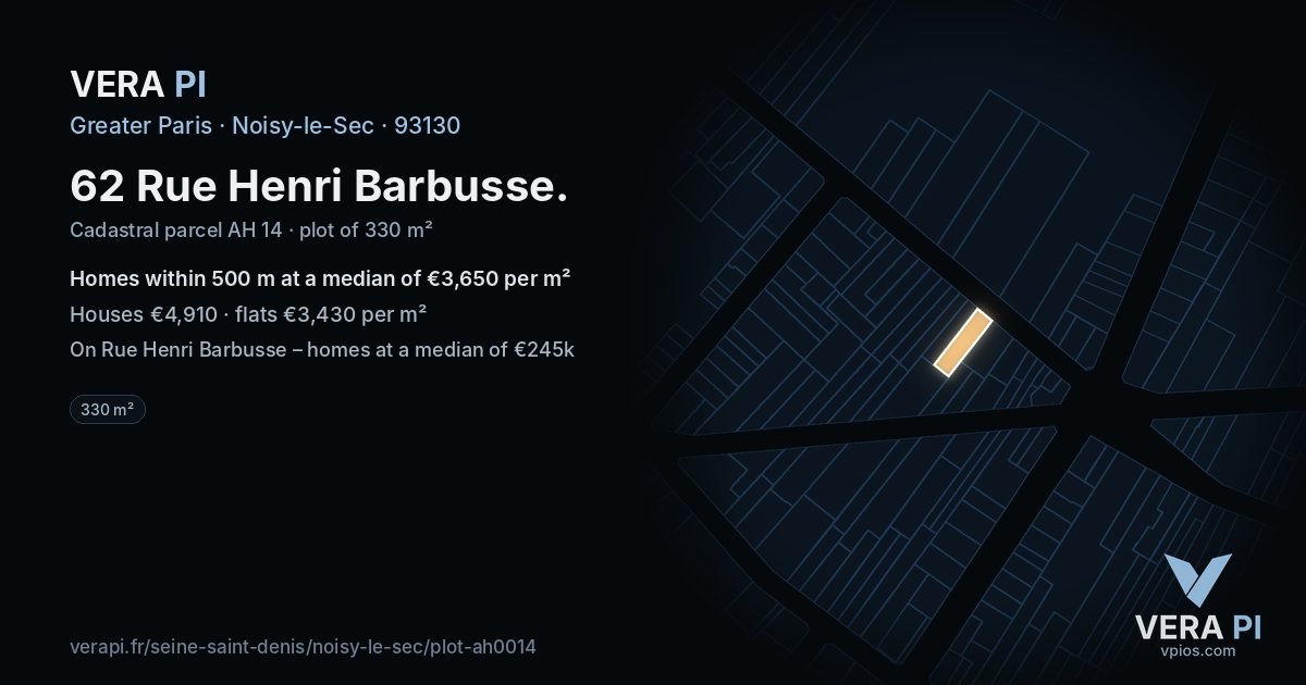 62 Rue Henri Barbusse, Noisy-le-Sec at night – the plot lit, the parcels around coloured by the prices near them