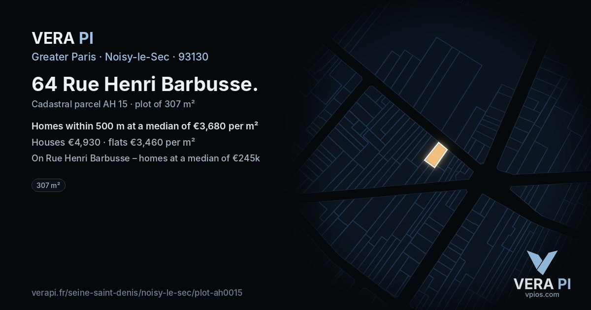 64 Rue Henri Barbusse, Noisy-le-Sec at night – the plot lit, the parcels around coloured by the prices near them