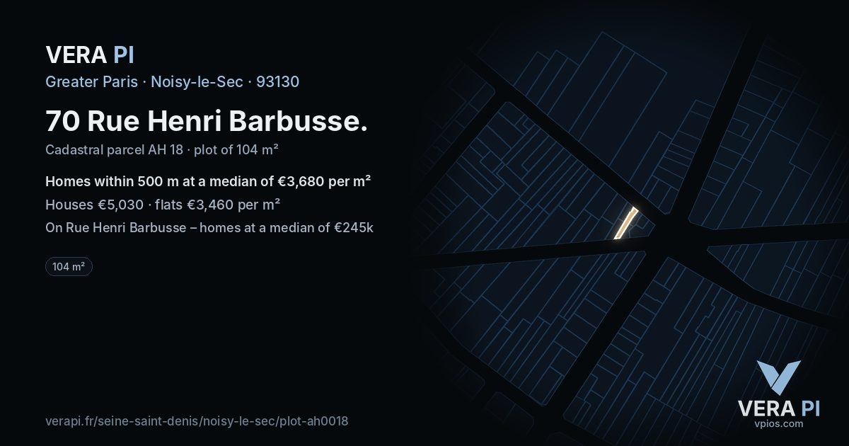 70 Rue Henri Barbusse, Noisy-le-Sec at night – the plot lit, the parcels around coloured by the prices near them