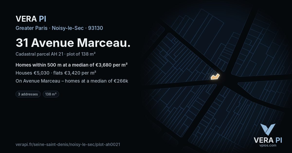 31 Avenue Marceau, Noisy-le-Sec at night – the plot lit, the parcels around coloured by the prices near them