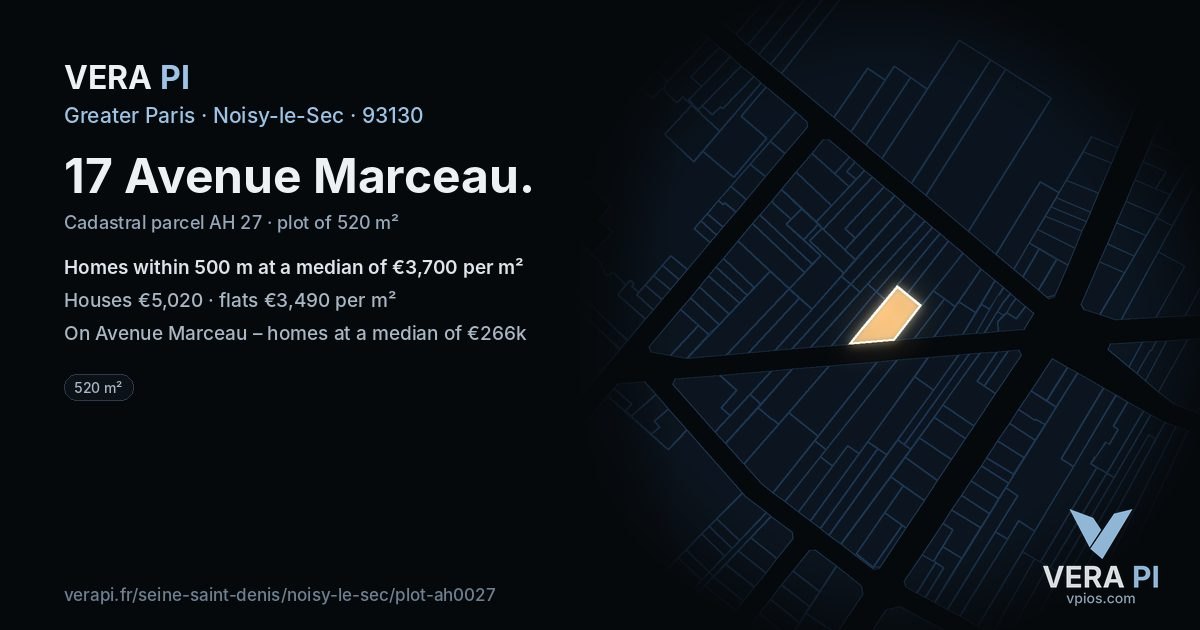 17 Avenue Marceau, Noisy-le-Sec at night – the plot lit, the parcels around coloured by the prices near them