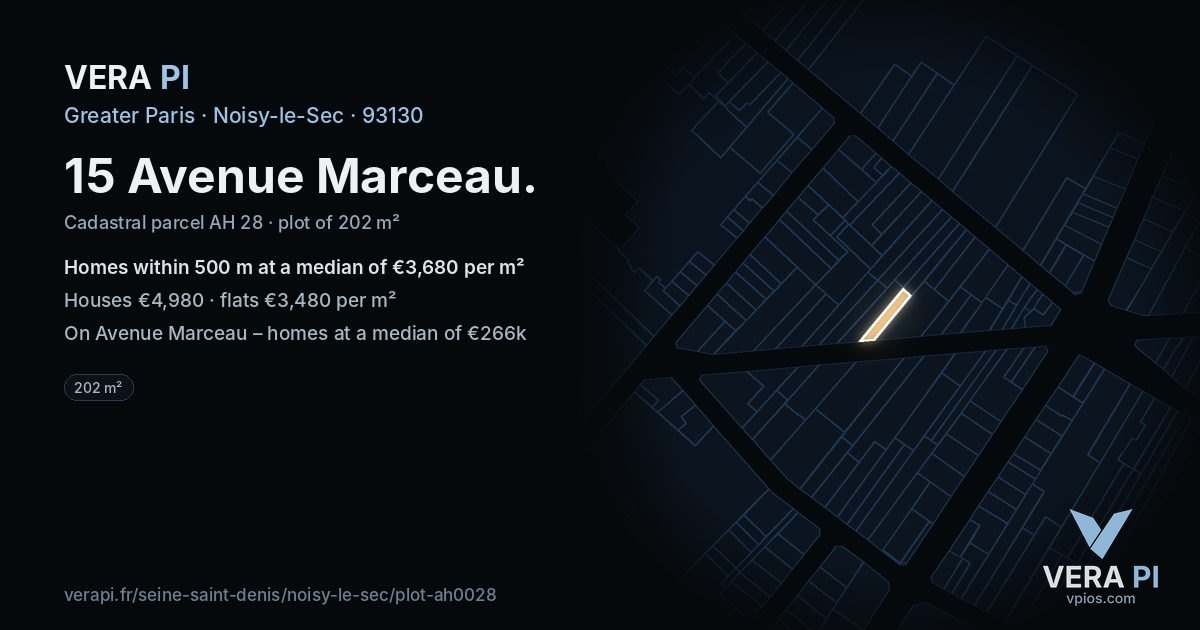 15 Avenue Marceau, Noisy-le-Sec at night – the plot lit, the parcels around coloured by the prices near them