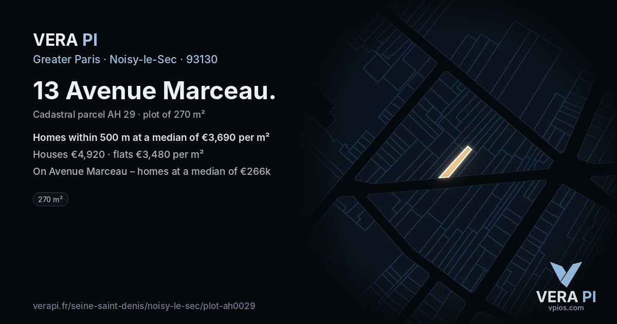13 Avenue Marceau, Noisy-le-Sec at night – the plot lit, the parcels around coloured by the prices near them