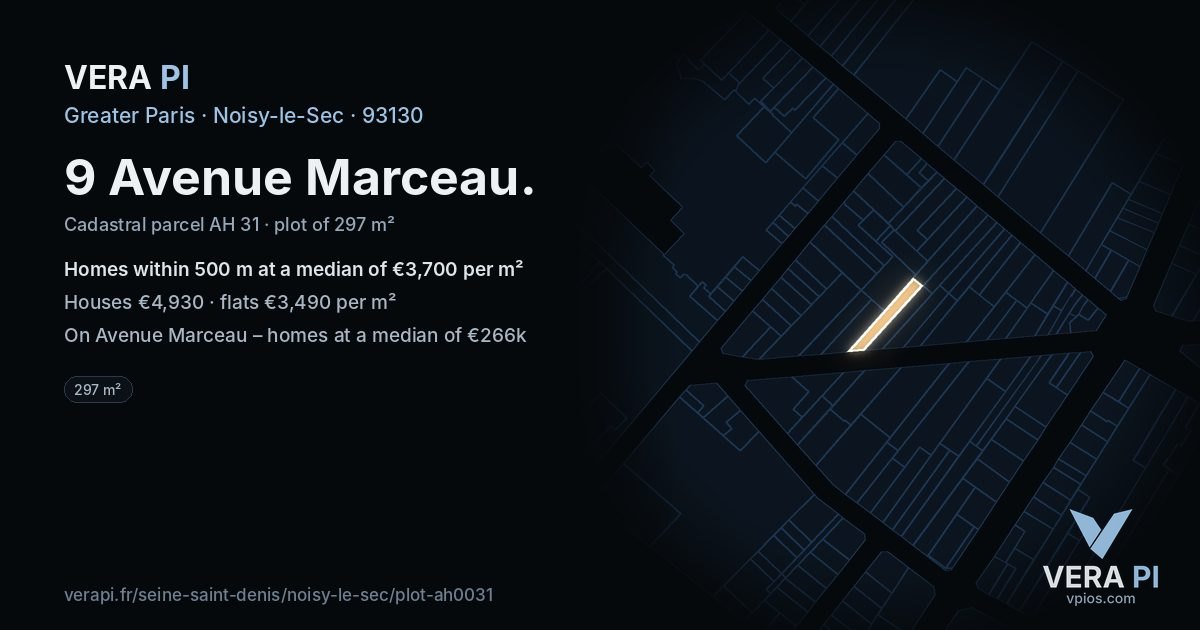 9 Avenue Marceau, Noisy-le-Sec at night – the plot lit, the parcels around coloured by the prices near them