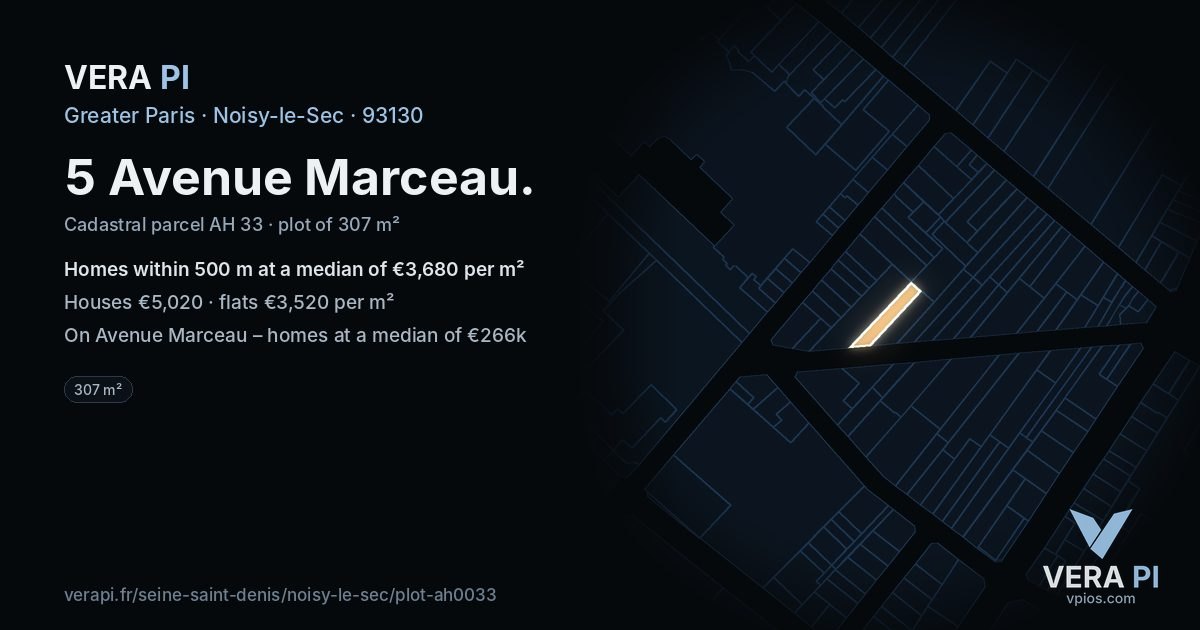 5 Avenue Marceau, Noisy-le-Sec at night – the plot lit, the parcels around coloured by the prices near them
