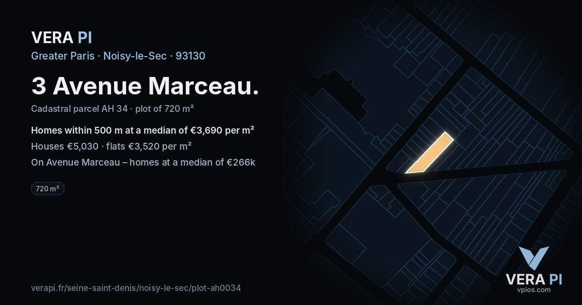 3 Avenue Marceau, Noisy-le-Sec at night – the plot lit, the parcels around coloured by the prices near them