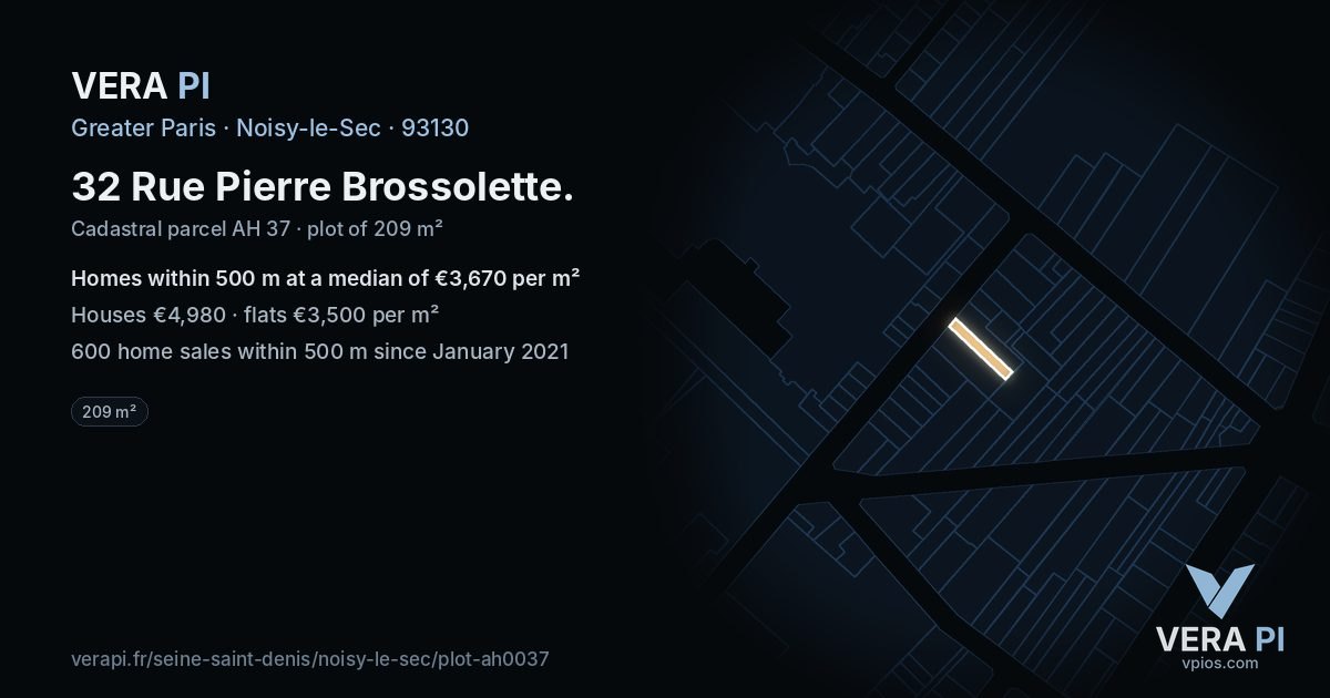 32 Rue Pierre Brossolette, Noisy-le-Sec at night – the plot lit, the parcels around coloured by the prices near them