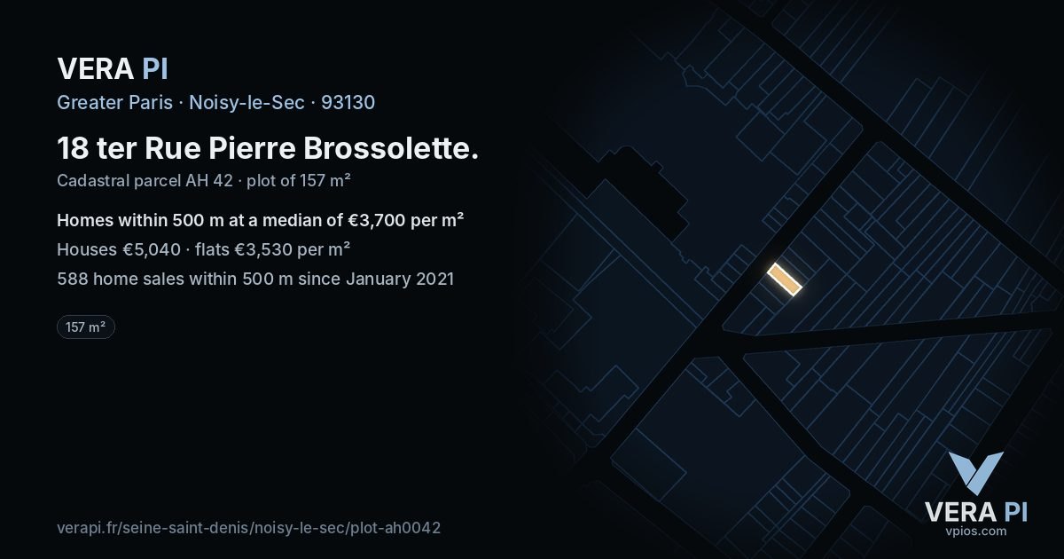 18 ter Rue Pierre Brossolette, Noisy-le-Sec at night – the plot lit, the parcels around coloured by the prices near them