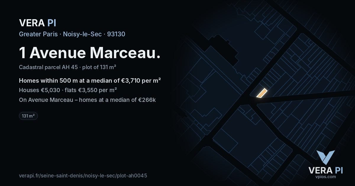 1 Avenue Marceau, Noisy-le-Sec at night – the plot lit, the parcels around coloured by the prices near them