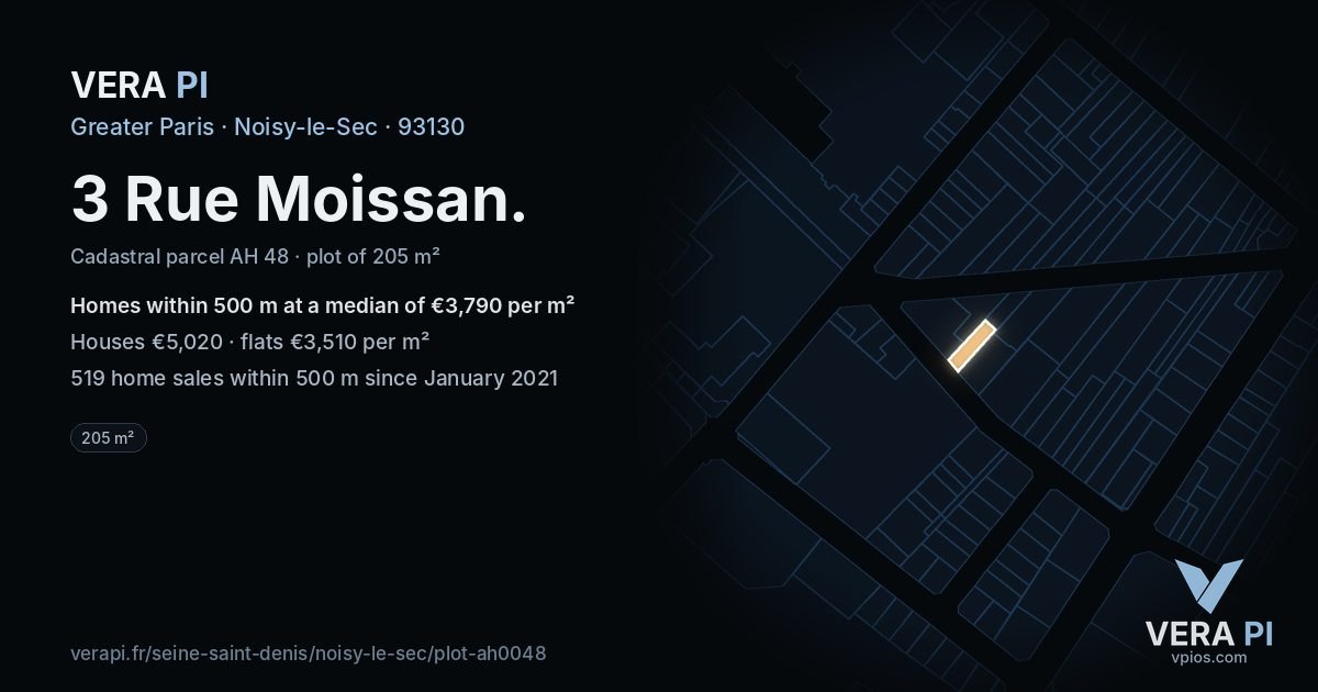 3 Rue Moissan, Noisy-le-Sec at night – the plot lit, the parcels around coloured by the prices near them