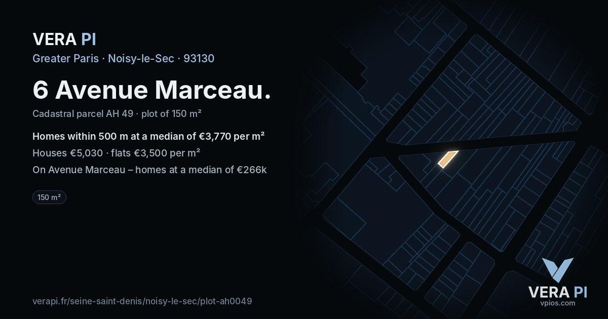6 Avenue Marceau, Noisy-le-Sec at night – the plot lit, the parcels around coloured by the prices near them
