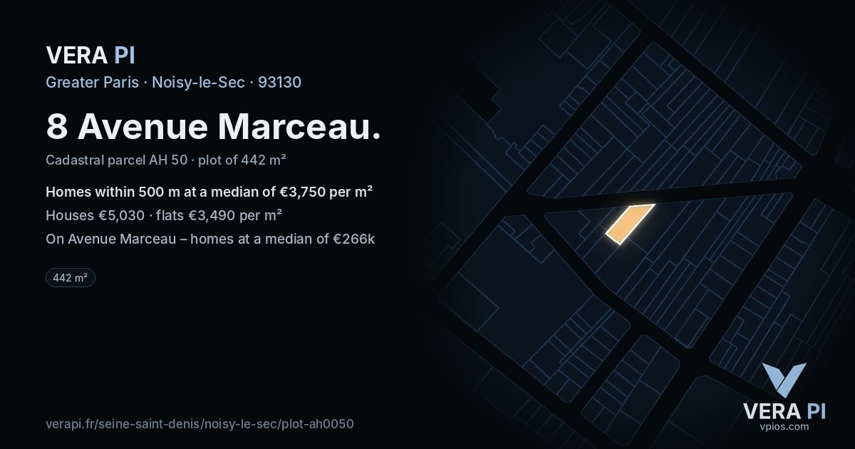 8 Avenue Marceau, Noisy-le-Sec at night – the plot lit, the parcels around coloured by the prices near them