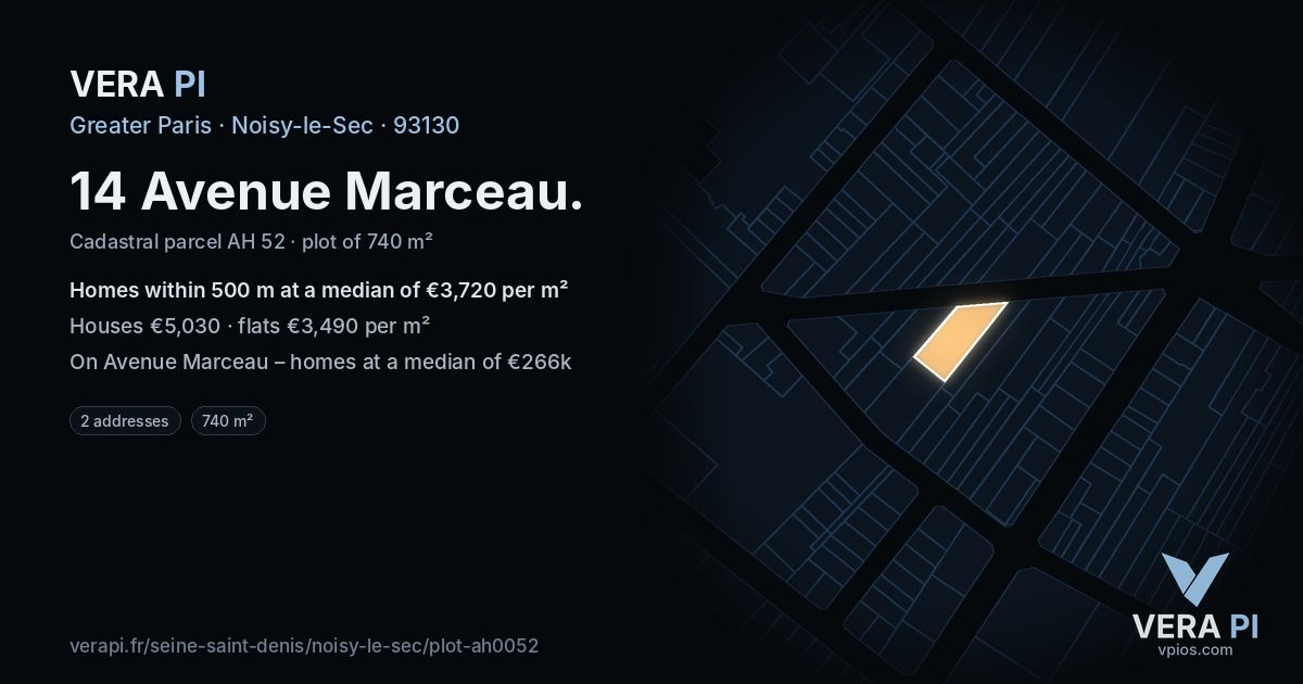 14 Avenue Marceau, Noisy-le-Sec at night – the plot lit, the parcels around coloured by the prices near them