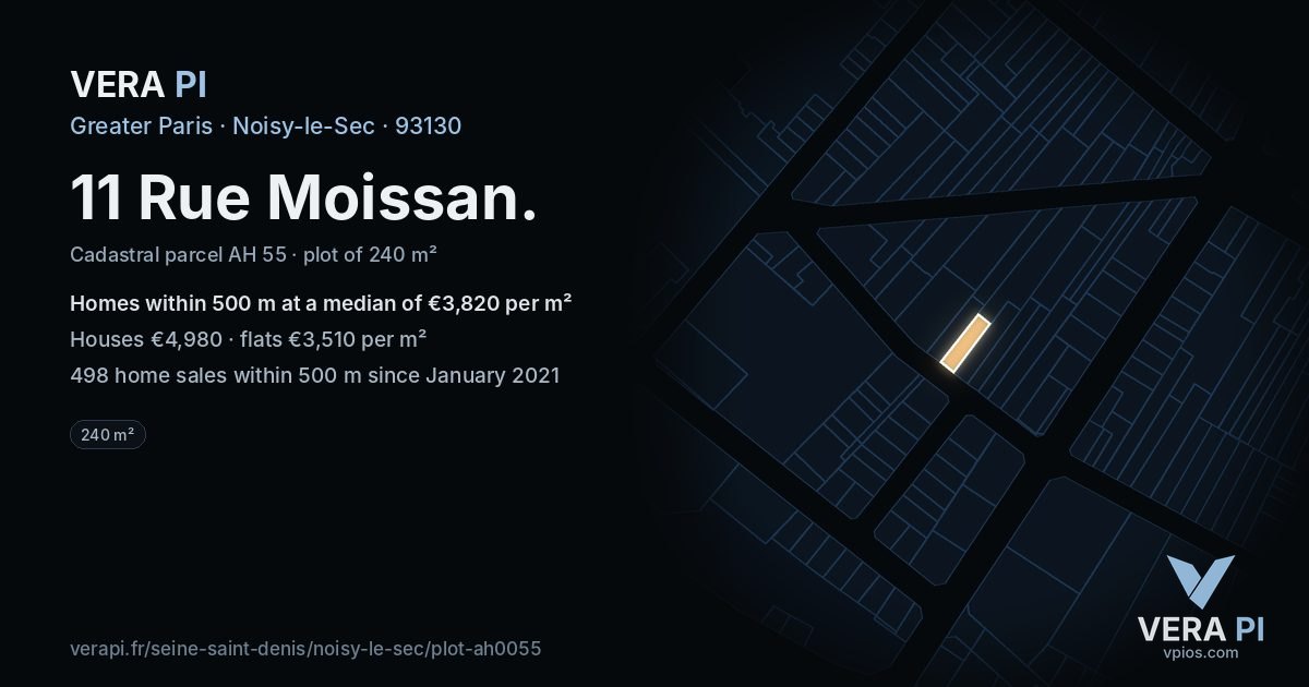 11 Rue Moissan, Noisy-le-Sec at night – the plot lit, the parcels around coloured by the prices near them