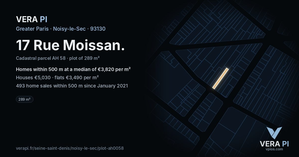 17 Rue Moissan, Noisy-le-Sec at night – the plot lit, the parcels around coloured by the prices near them
