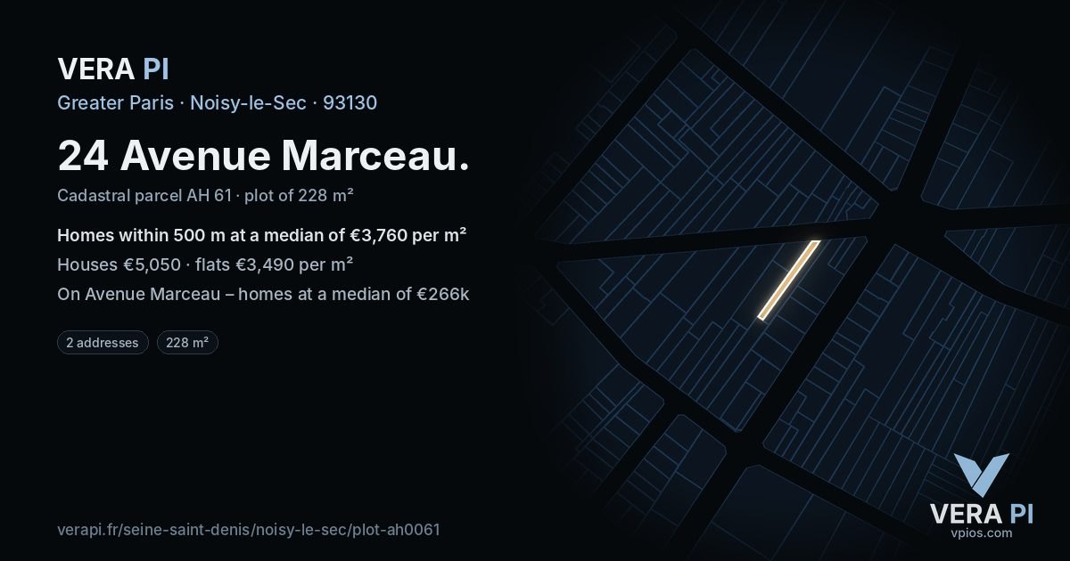 24 Avenue Marceau, Noisy-le-Sec at night – the plot lit, the parcels around coloured by the prices near them