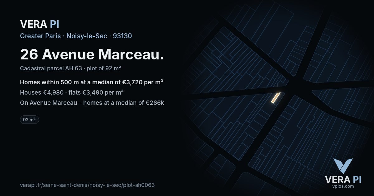 26 Avenue Marceau, Noisy-le-Sec at night – the plot lit, the parcels around coloured by the prices near them