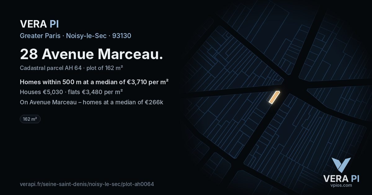 28 Avenue Marceau, Noisy-le-Sec at night – the plot lit, the parcels around coloured by the prices near them