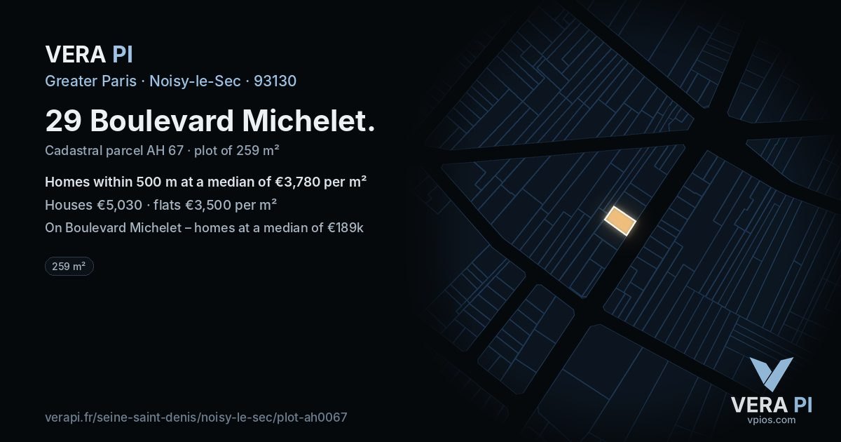 29 Boulevard Michelet, Noisy-le-Sec at night – the plot lit, the parcels around coloured by the prices near them