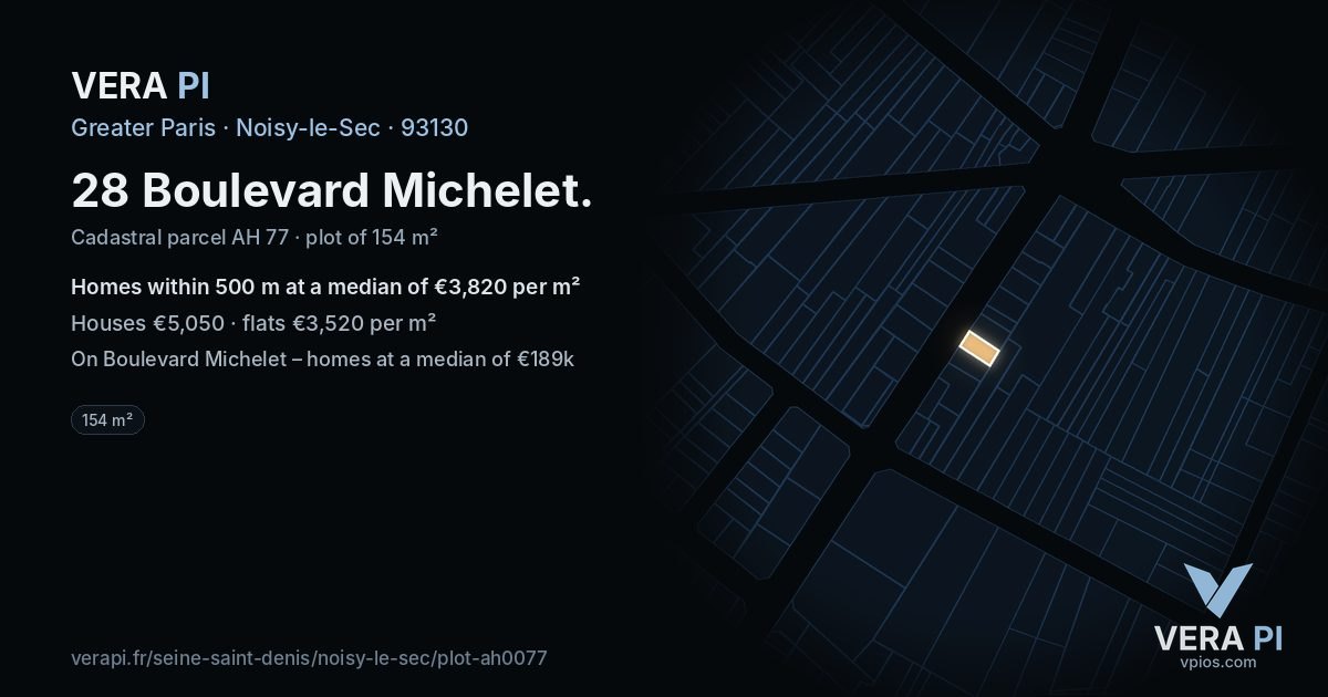 28 Boulevard Michelet, Noisy-le-Sec at night – the plot lit, the parcels around coloured by the prices near them