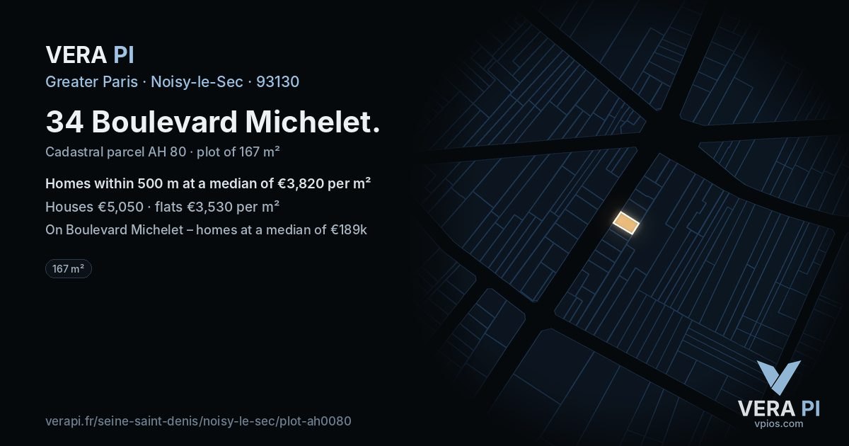 34 Boulevard Michelet, Noisy-le-Sec at night – the plot lit, the parcels around coloured by the prices near them