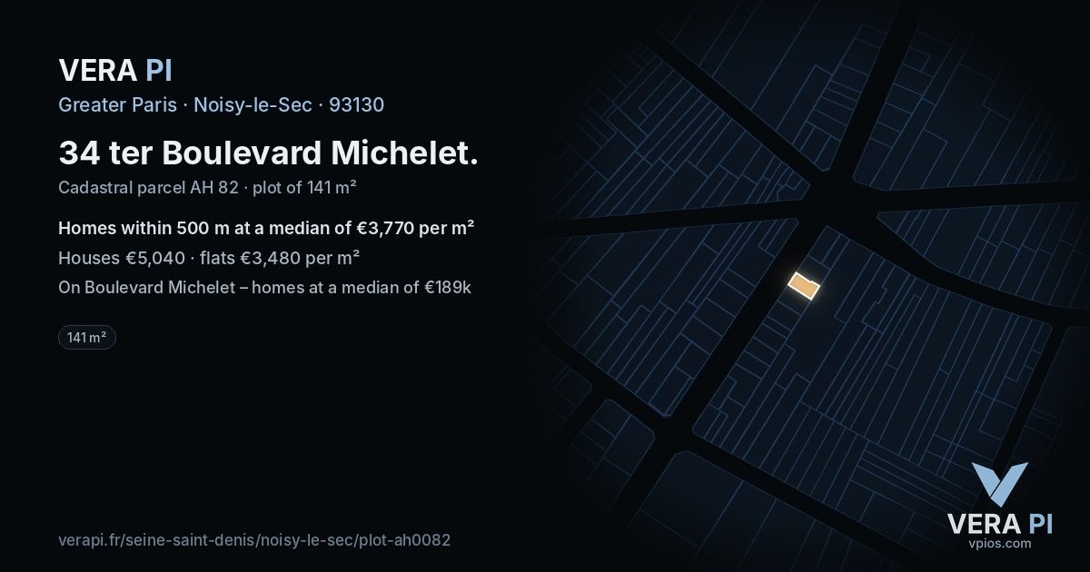 34 ter Boulevard Michelet, Noisy-le-Sec at night – the plot lit, the parcels around coloured by the prices near them