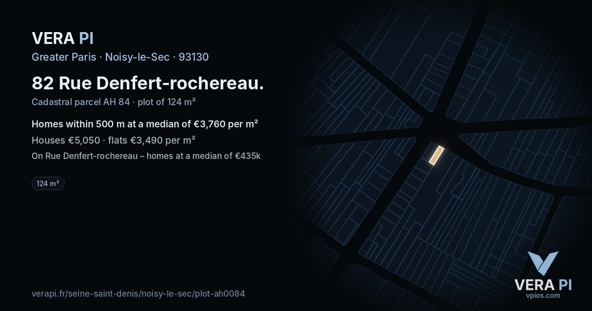 82 Rue Denfert-rochereau, Noisy-le-Sec at night – the plot lit, the parcels around coloured by the prices near them