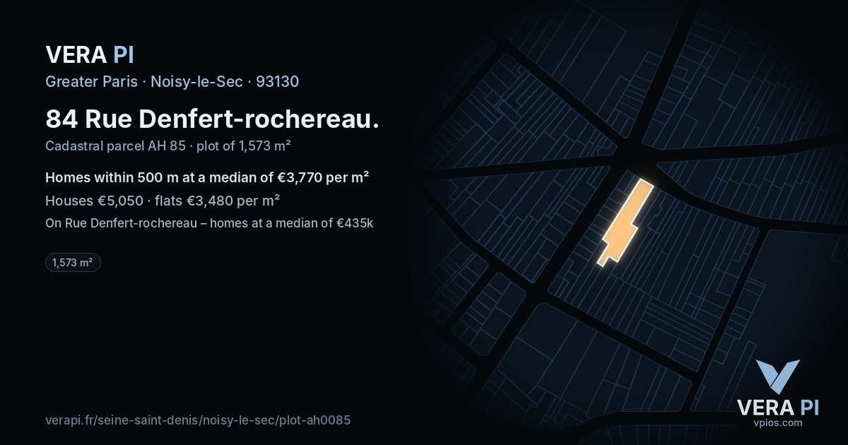 84 Rue Denfert-rochereau, Noisy-le-Sec at night – the plot lit, the parcels around coloured by the prices near them