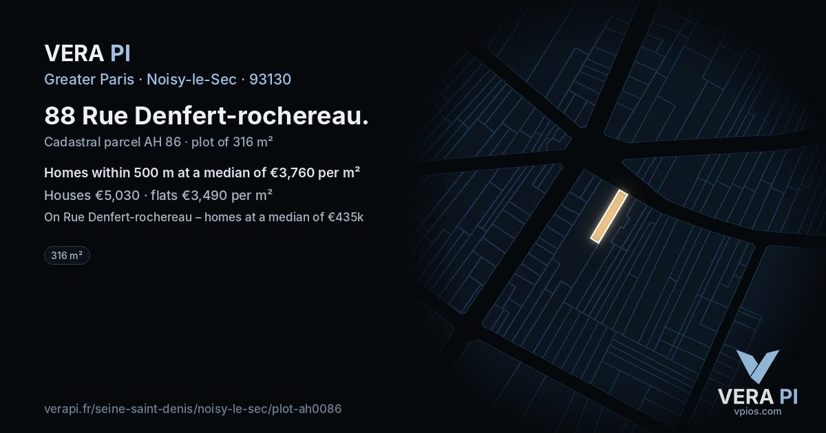 88 Rue Denfert-rochereau, Noisy-le-Sec at night – the plot lit, the parcels around coloured by the prices near them