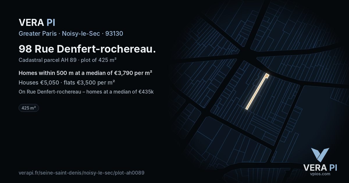 98 Rue Denfert-rochereau, Noisy-le-Sec at night – the plot lit, the parcels around coloured by the prices near them