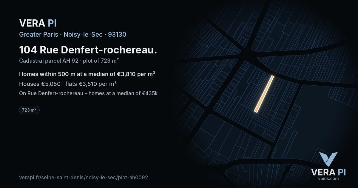 104 Rue Denfert-rochereau, Noisy-le-Sec at night – the plot lit, the parcels around coloured by the prices near them