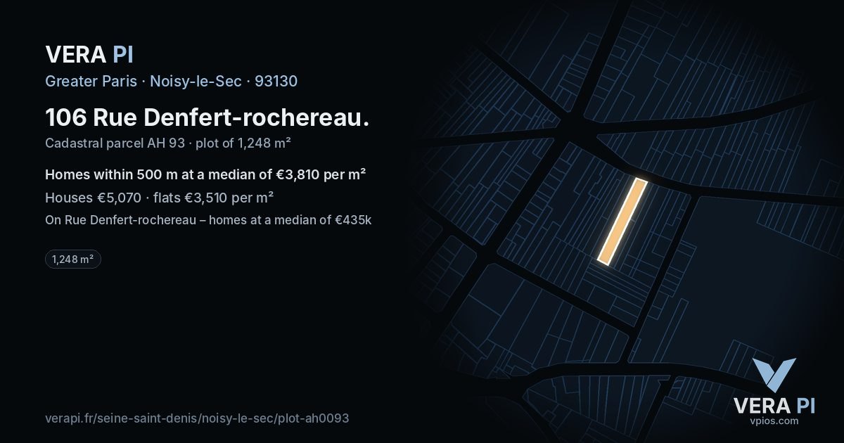 106 Rue Denfert-rochereau, Noisy-le-Sec at night – the plot lit, the parcels around coloured by the prices near them