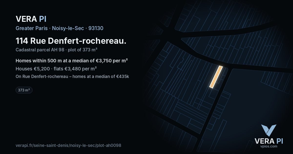 114 Rue Denfert-rochereau, Noisy-le-Sec at night – the plot lit, the parcels around coloured by the prices near them