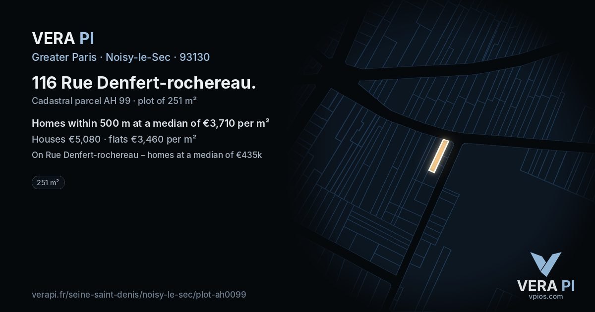 116 Rue Denfert-rochereau, Noisy-le-Sec at night – the plot lit, the parcels around coloured by the prices near them
