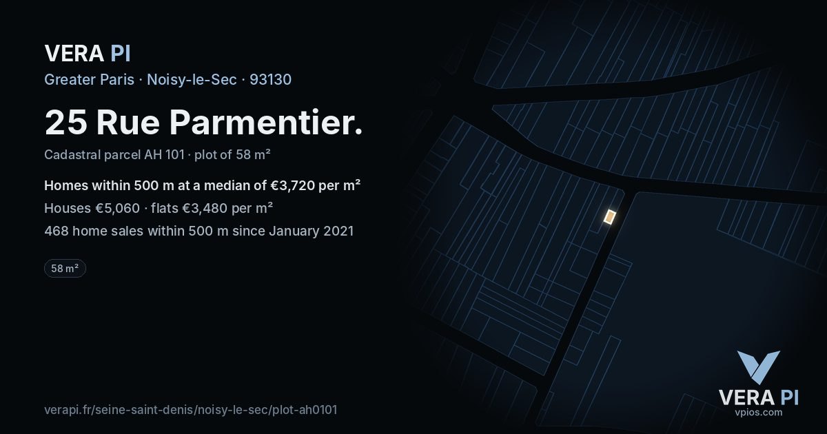 25 Rue Parmentier, Noisy-le-Sec at night – the plot lit, the parcels around coloured by the prices near them