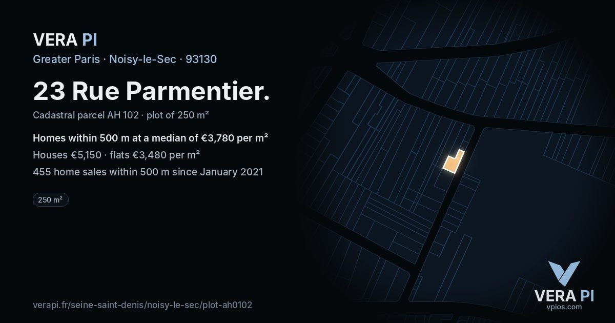 23 Rue Parmentier, Noisy-le-Sec at night – the plot lit, the parcels around coloured by the prices near them
