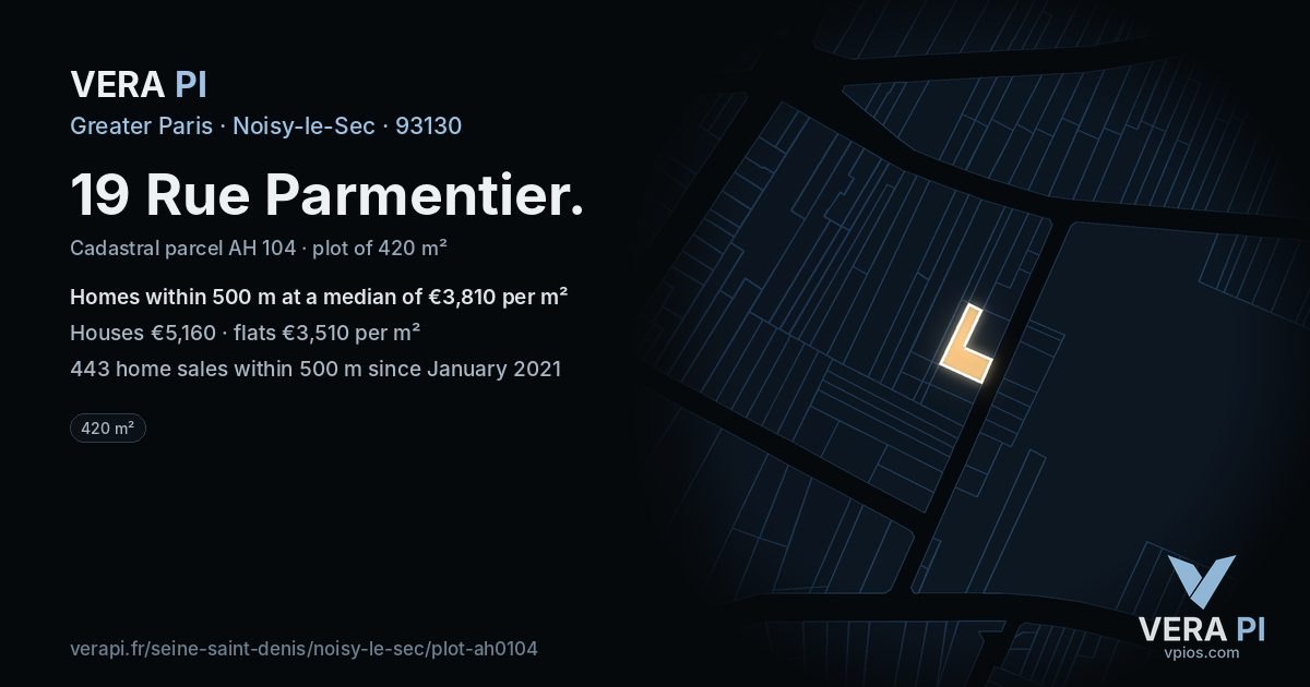 19 Rue Parmentier, Noisy-le-Sec at night – the plot lit, the parcels around coloured by the prices near them