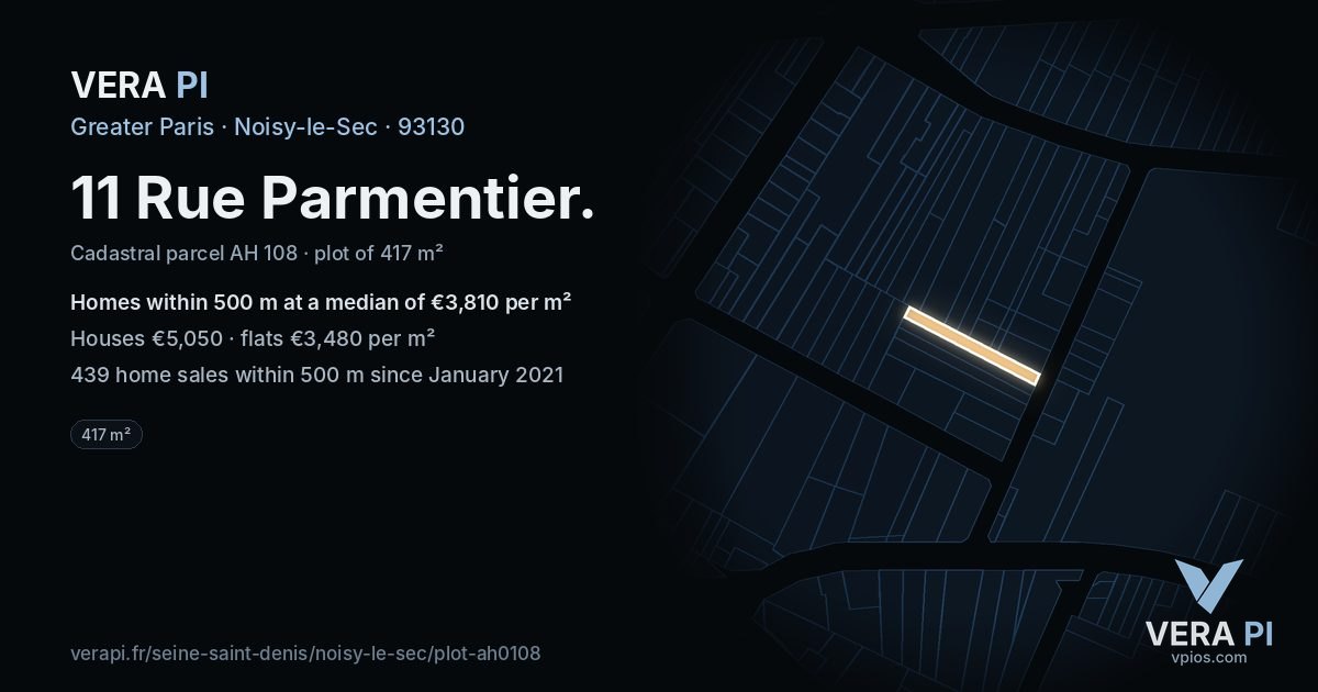 11 Rue Parmentier, Noisy-le-Sec at night – the plot lit, the parcels around coloured by the prices near them