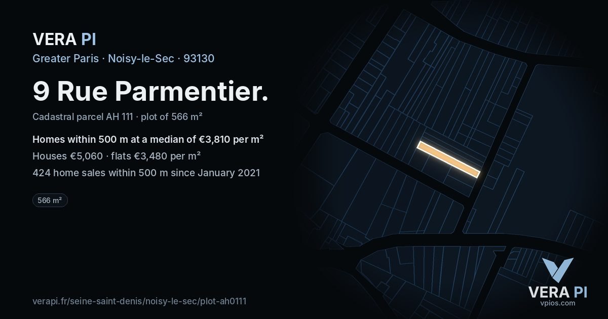9 Rue Parmentier, Noisy-le-Sec at night – the plot lit, the parcels around coloured by the prices near them