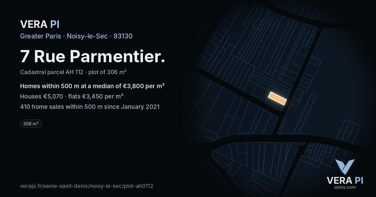 7 Rue Parmentier, Noisy-le-Sec at night – the plot lit, the parcels around coloured by the prices near them