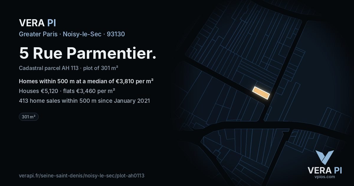 5 Rue Parmentier, Noisy-le-Sec at night – the plot lit, the parcels around coloured by the prices near them