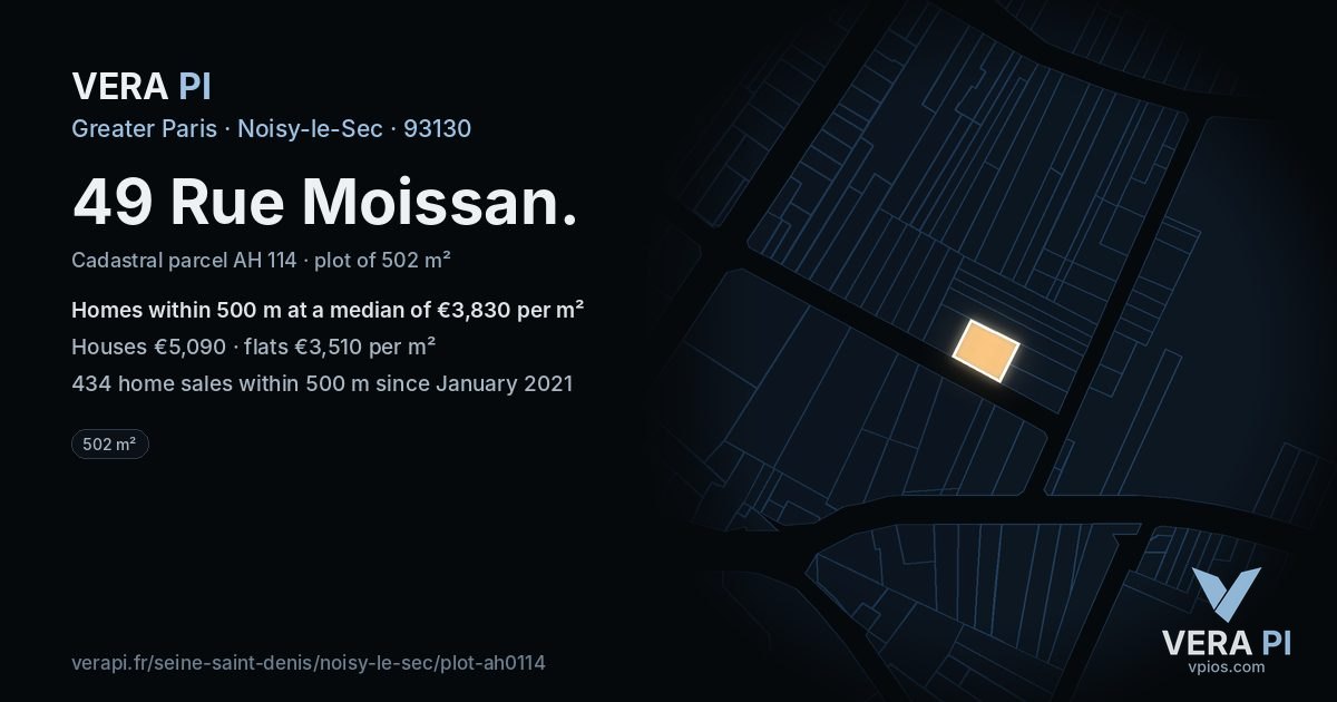 49 Rue Moissan, Noisy-le-Sec at night – the plot lit, the parcels around coloured by the prices near them