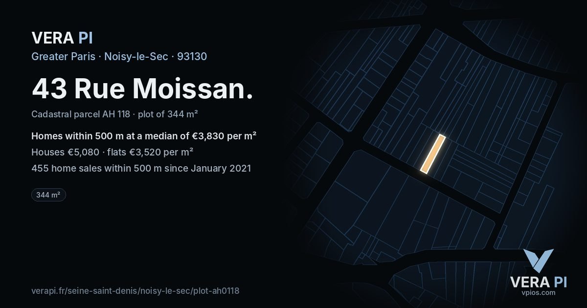 43 Rue Moissan, Noisy-le-Sec at night – the plot lit, the parcels around coloured by the prices near them