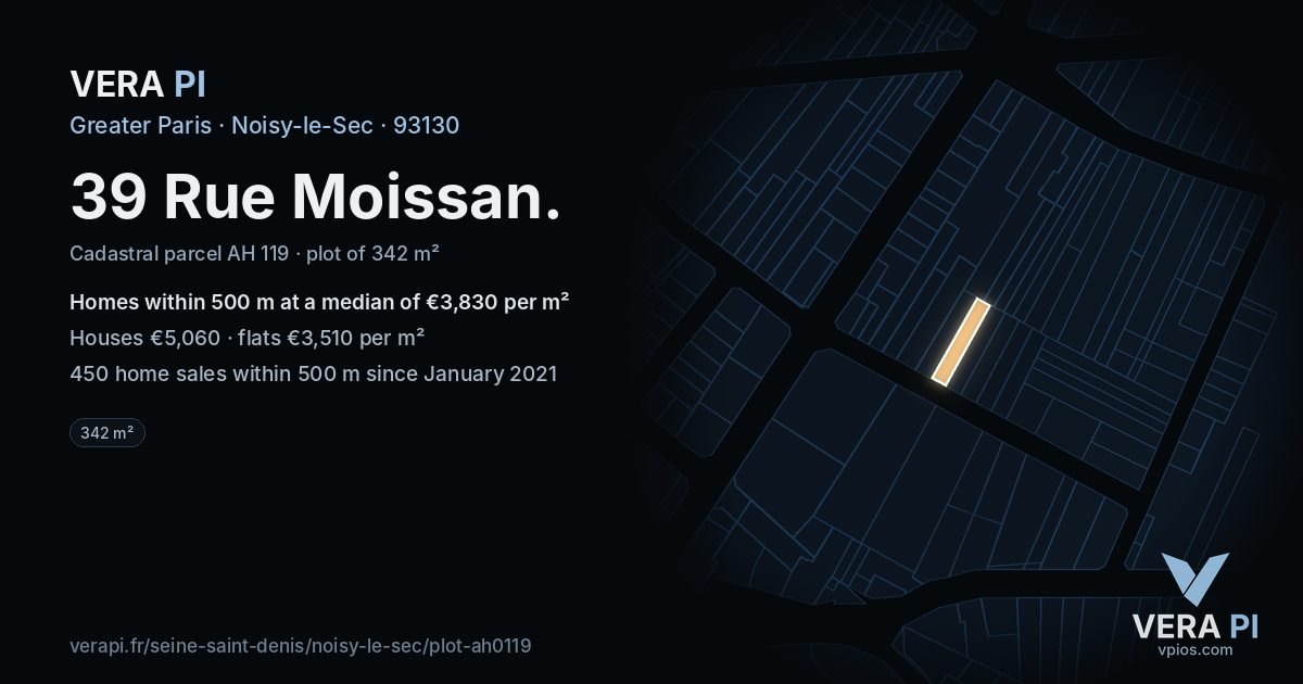 39 Rue Moissan, Noisy-le-Sec at night – the plot lit, the parcels around coloured by the prices near them