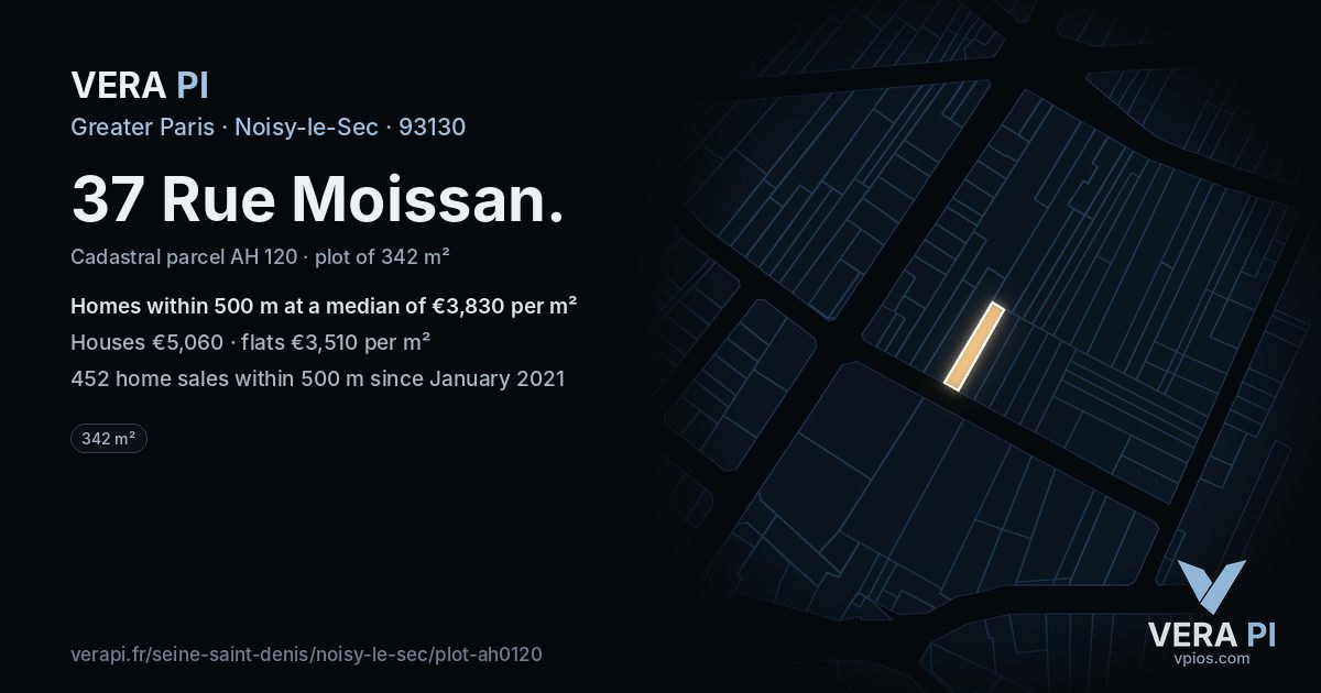 37 Rue Moissan, Noisy-le-Sec at night – the plot lit, the parcels around coloured by the prices near them