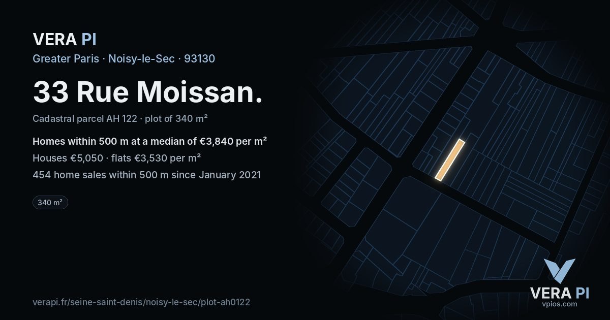 33 Rue Moissan, Noisy-le-Sec at night – the plot lit, the parcels around coloured by the prices near them