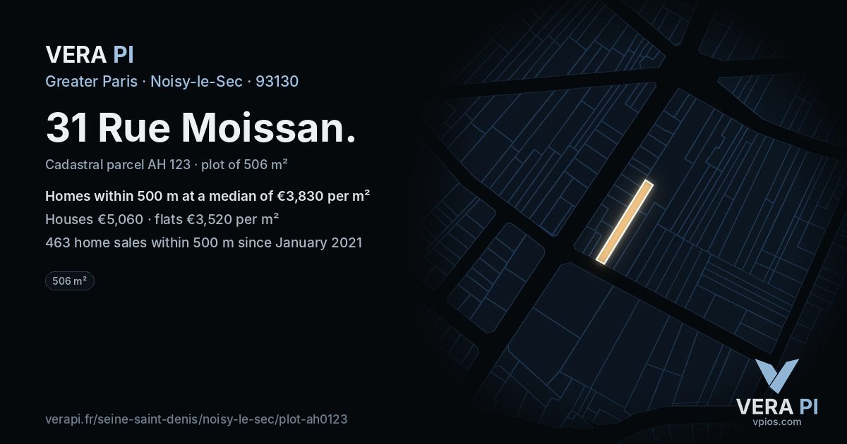 31 Rue Moissan, Noisy-le-Sec at night – the plot lit, the parcels around coloured by the prices near them